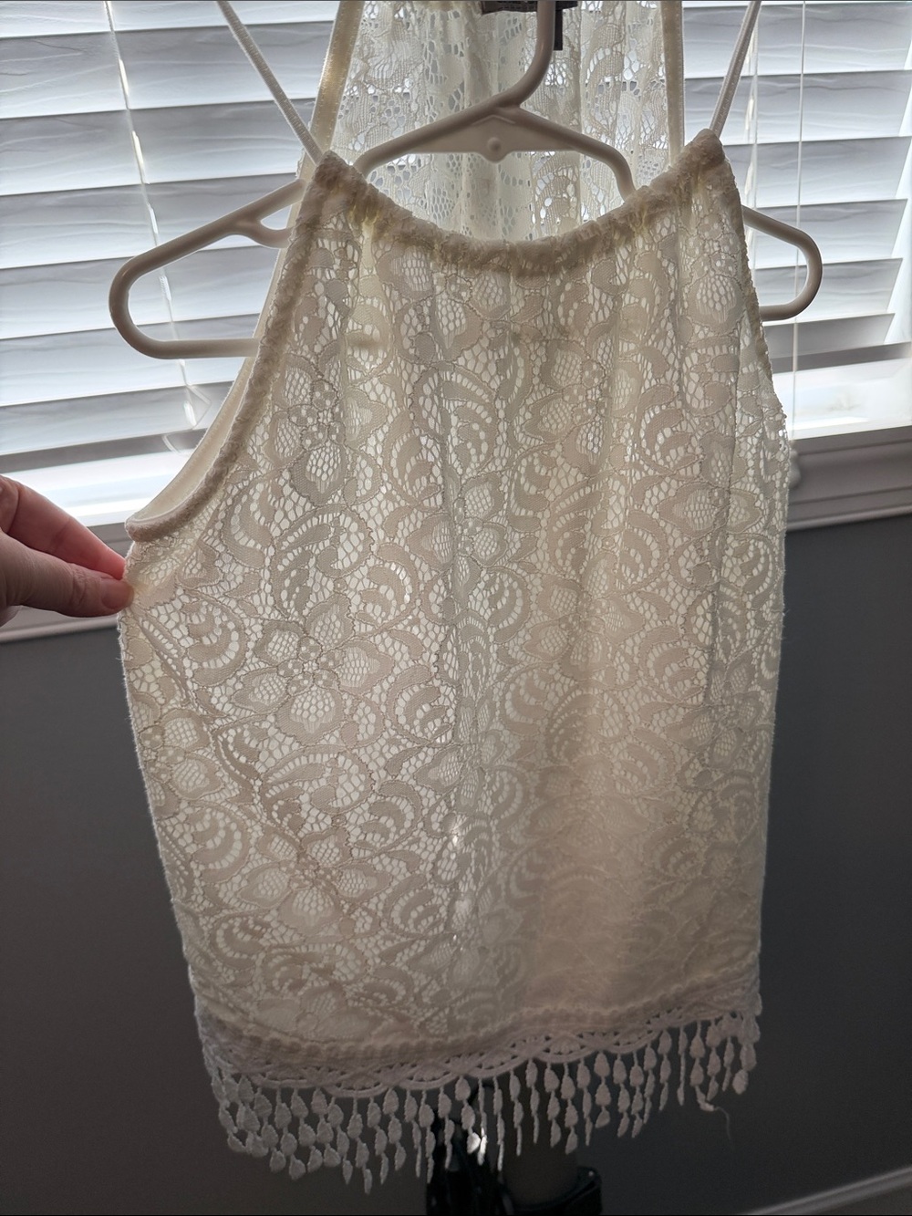 Charlotte Russe White Lace Halter Tank with Tassel Trim